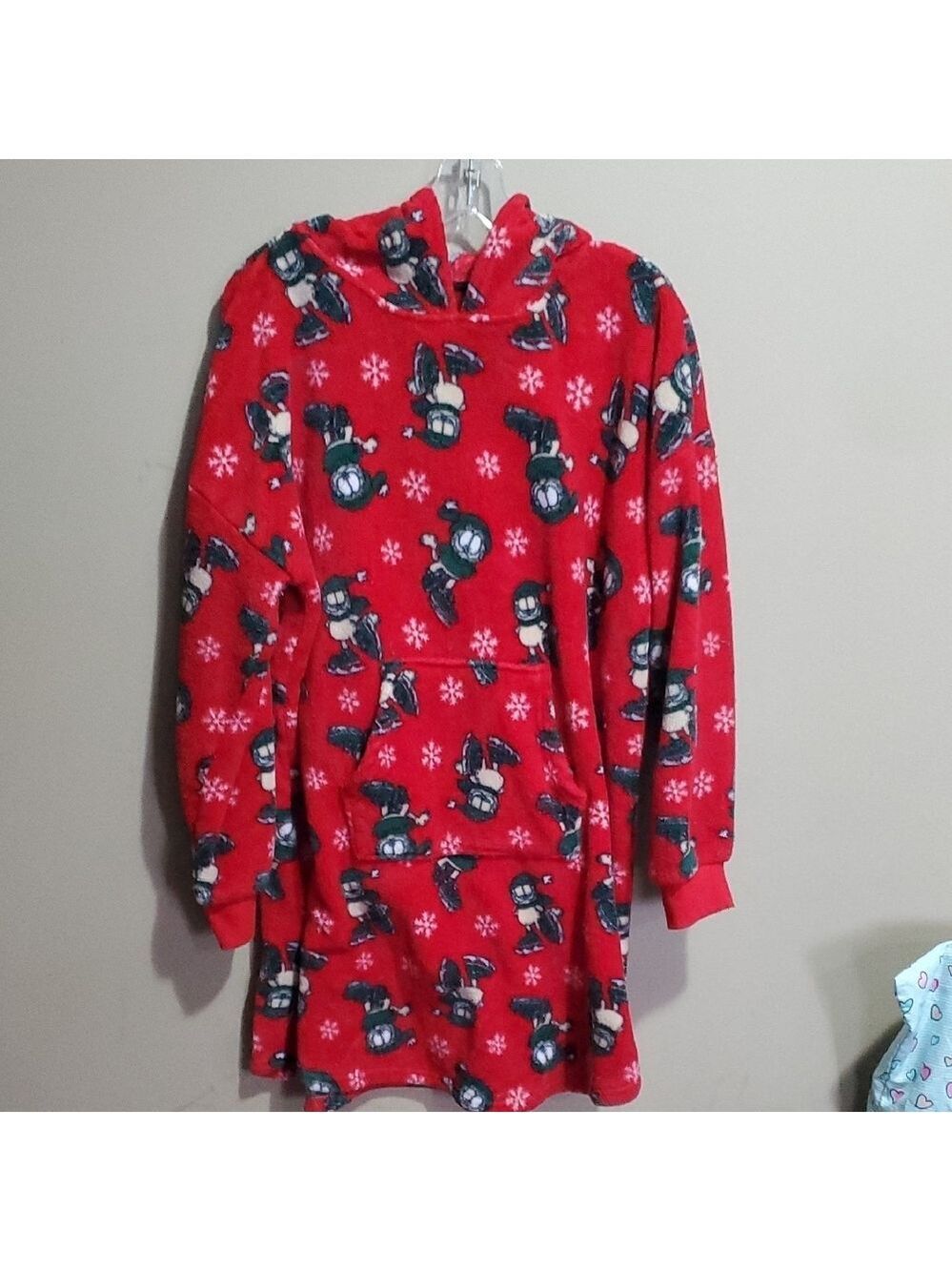 Red Snowman Print Hooded Long Sweater Size Large